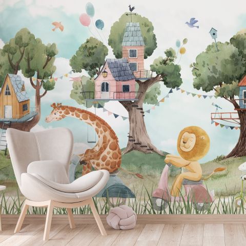 Kids Forest Animals with Treehouse Wallpaper Mural
