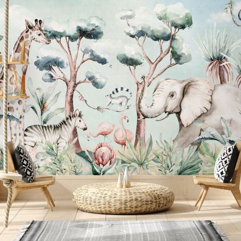 Kids Nursery Safari Animals and Flamingo in the Forest Wallpaper Mural
