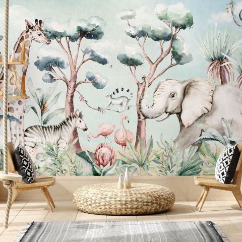 Kids Nursery Safari Animals and Flamingo in the Forest Wallpaper Mural