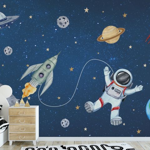 Kids Watercolor Space with Spaceship and Astronaut Wallpaper Mural