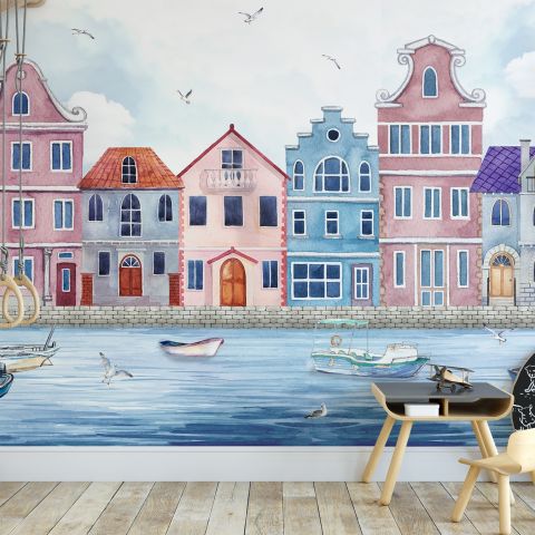 Watercolor Dutch Houses Wallpaper Mural for Kids