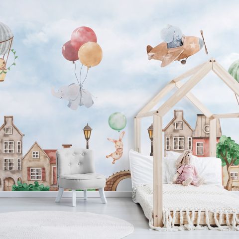 Watercolor Cute Houses with Flying Animals Wallpaper Mural for Kids