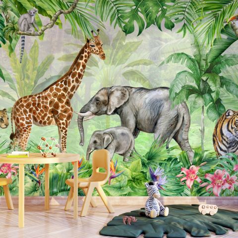 Kids Safari Watercolor Tropical  Forest Jungle Animals Wallpaper Mural