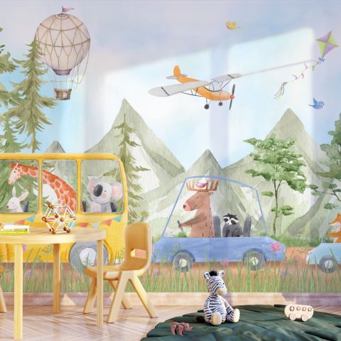 Kids Cute Watercolor Animals in the Bus Wallpaper Mural
