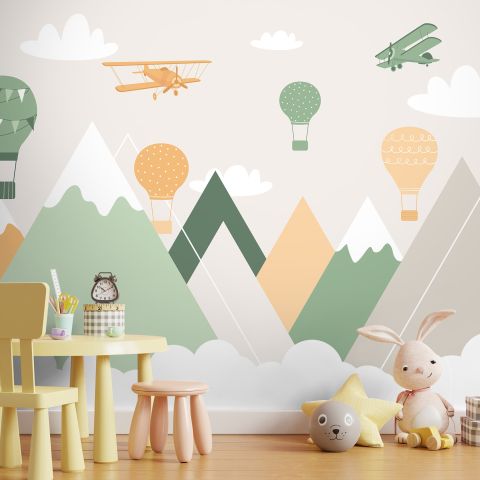 Nursery Mountain Landscape with Hot Air Balloons Wallpaper Mural