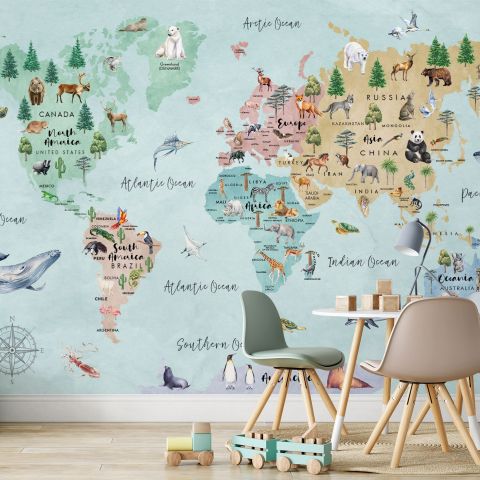 Kids Watercolor World Map Wallpaper Mural