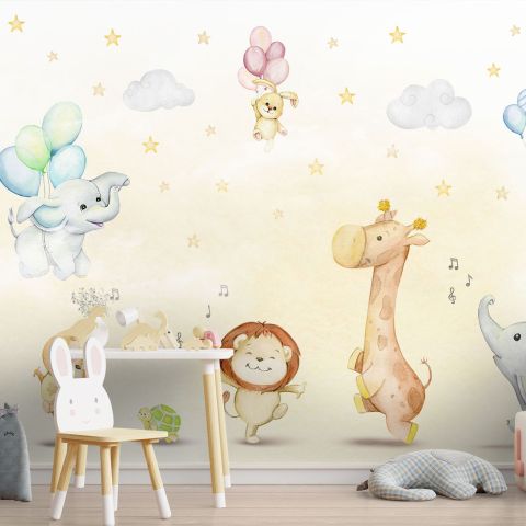 Kids Nursery Safari Animals Playing Wallpaper Mural