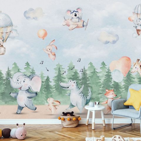 Kids Cute Animals Dancing in the Forest Wallpaper Mural