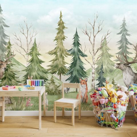 Kids Watercolor Pine Tree Forest with Animals Wallpaper Mural