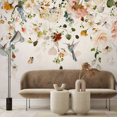 Watercolor Soft Peony Floral Blossom Wallpaper Mural