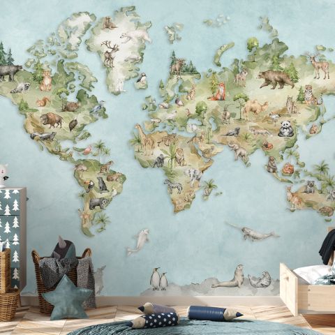 Watercolor Kids World Map with Soft Animals Wallpaper Mural