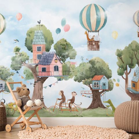Cute Flying Animals with Treehouse for Kids Nursery Wallpaper Mural