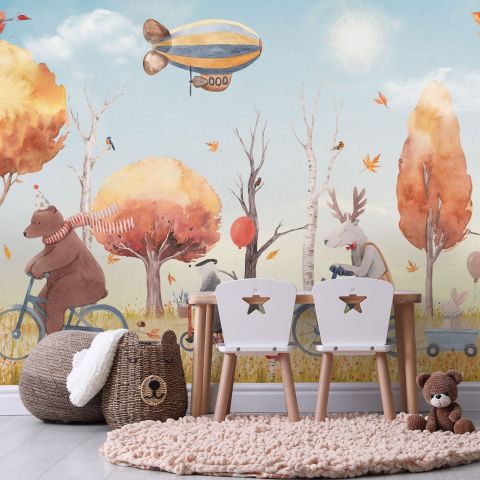 Kids Winter Animals with Zeppelin Wallpaper Mural