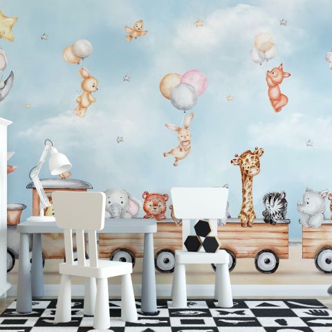 Cute Kids Animals on Train Wallpaper Mural