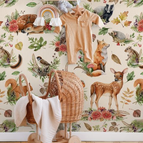 Kids Watercolor Cute Forest Animals Pattern Wallpaper Mural