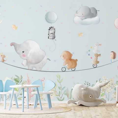 Cute Flying Animals with Funny Circus Wallpaper Mural
