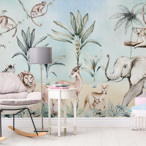 Jungle Animals with Banana Trees Kids Tropical Plants  Wallpaper Mural