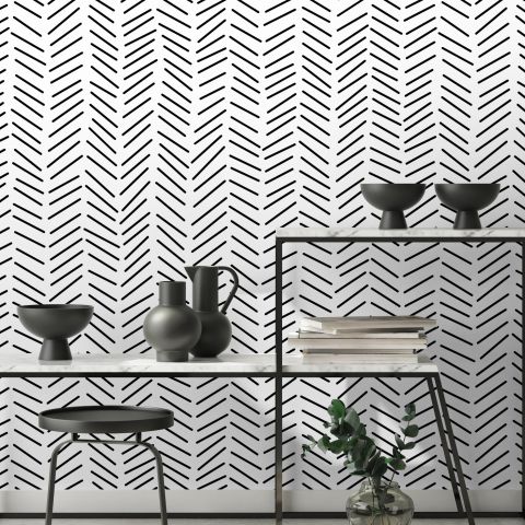 Modern Herringbone Line Black and White  Wallpaper Mural
