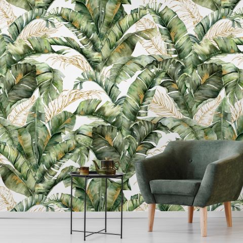 Watercolor Tropical Banana Leaf with Faux Gold Details Wallpaper Mural