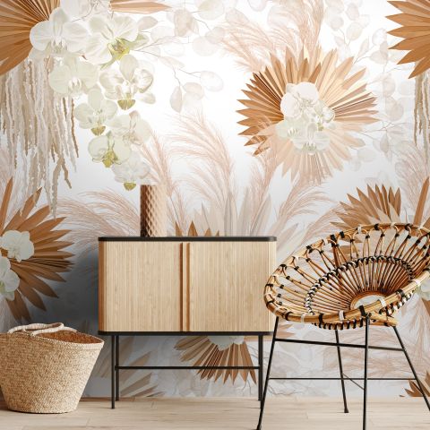 Neutral Boho Plants with Palm Leaf Wallpaper Mural