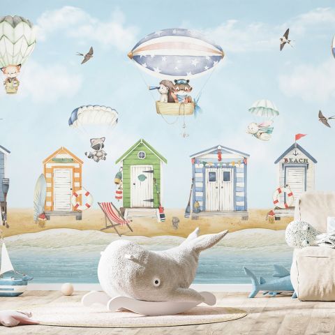 Watercolor Kids Beach House with Hot Air Balloons