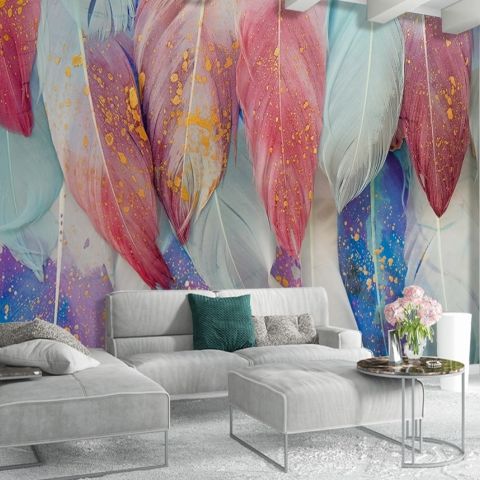 Watercolor Colorful Feather Pattern Wallpaper Mural