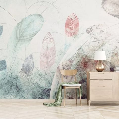 Soft Feathers with Abstract Lines Wallpaper Mural
