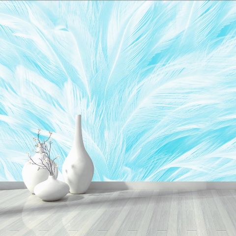 Turquoise Feather Pattern Wallpaper Mural