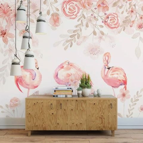 Pink Flamingo with Pink Flowers Wallpaper Mural