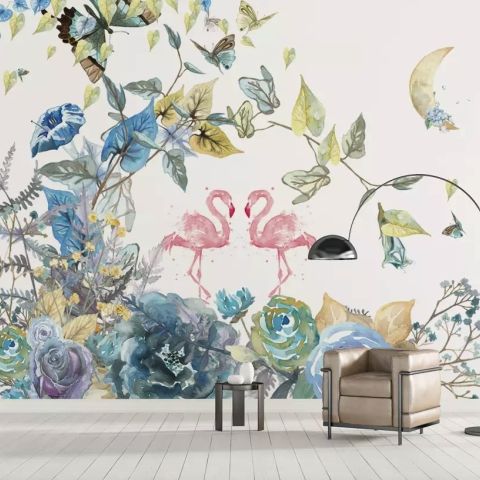 Flamingo and Soft Floral Wallpaper Mural