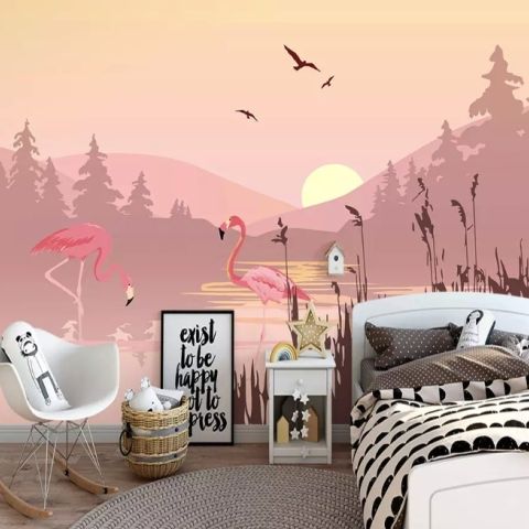 Pink Sunrise Landscape with Flamingos Wallpaper Mural