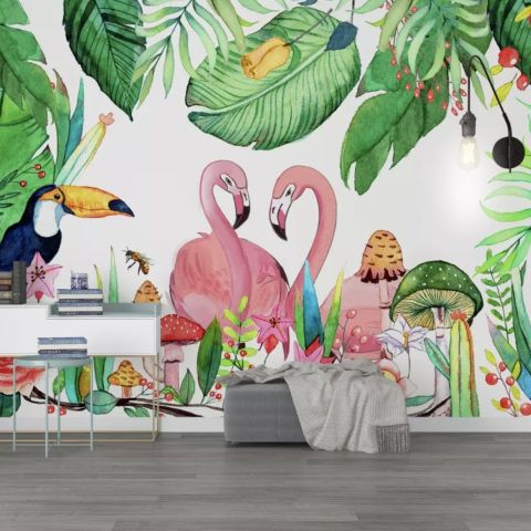 Flamingos with Toucan Bird Wallpaper Mural