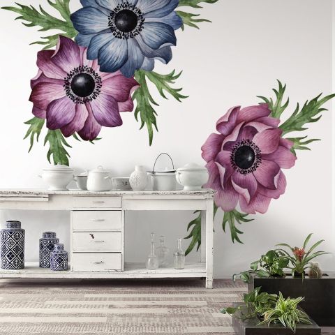 Watercolor Dark Blue Red Anemone Florals Wall Decal Sticker