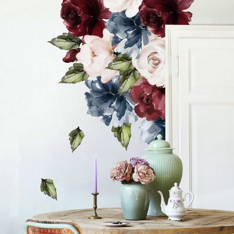 Dark Blue Red Peony Floral Bouqet Wall Decal Sticker