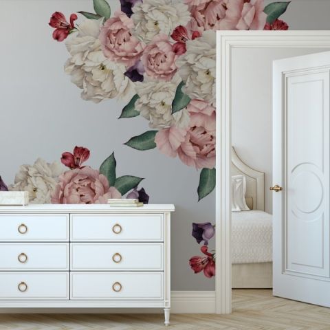 White Pink Peony Florals with Red Purple Tulips Wall Decal Sticker