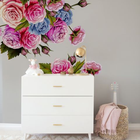 3D Floral Pink Orange Blue Rose Floral Bouqets Wall Decal Sticker