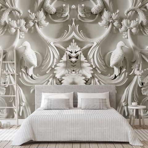 3D Embossed Look Cement Sculpture Floral Wallpaper Mural
