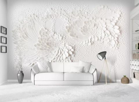 3D Embossed Look White Flowers Wallpaper Mural