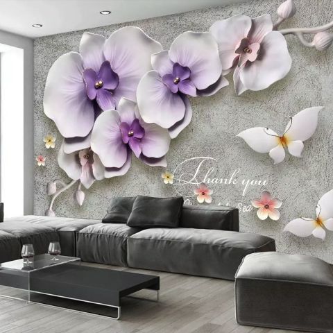 3D Embossed Look Purple Orchids Wallpaper Mural