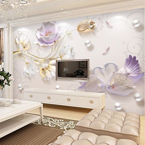 3D Embossed Look Tulip Floral with Swan Wallpaper Mural