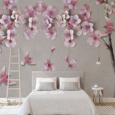 Cherry Blossom withh Pink Birds Wallpaper Mural