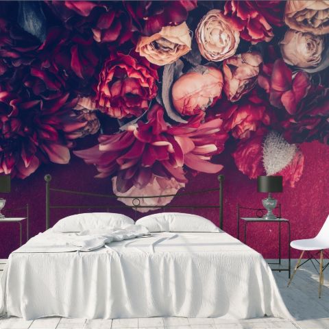 Red Dahlia Rose Floral Bouqet Wallpaper Mural