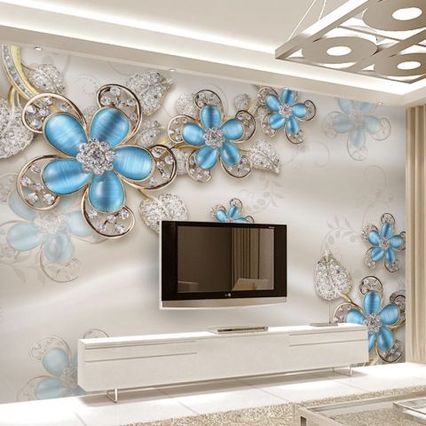 Blue Diamond Floral with Swarovski Leaf Wallpaper Mural