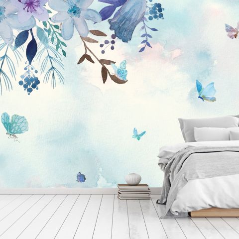 Blue Purple Floral with Little Butterfly Wallpaper Mural