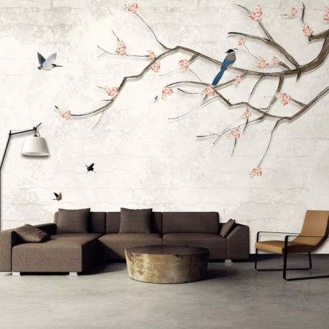 Colorful Birds and Cherry Blossom Tree Wallpaper Mural