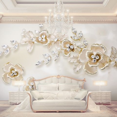 Cream Swarovski Rose Floral Wallpaper Mural