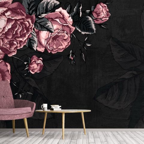 Dark Floral Peony Flower Drawing Wallpaper Mural