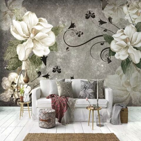 Vintage Cream Flowers Art Wallpaper Mural
