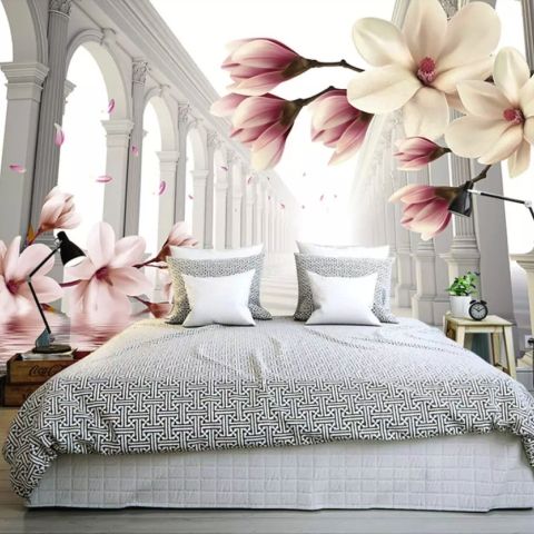 Magnolia Blossom with Column Wallpaper Mural