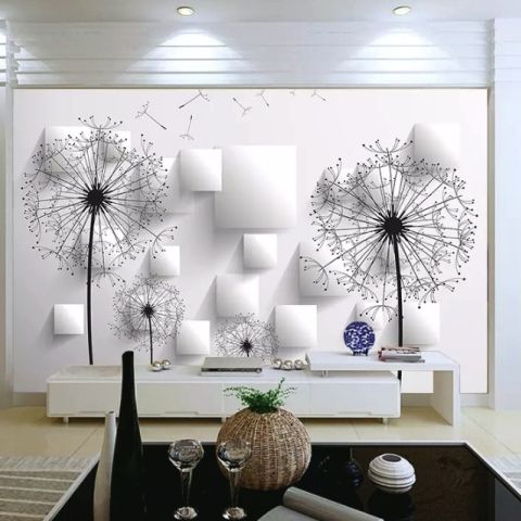 Monochrome Dandelion Floral Wallpaper Mural • Wallmur®
